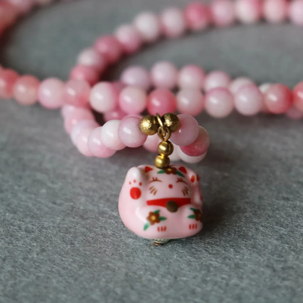 6 мм розовый браслет с халцедоном Lucky ceramic Cat кулон Модные ювелирные бусы
