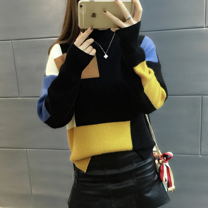 Sweater Women 2021 Autumn And Winter Knit Patchwork Short semi-high Collar Loose women's Sweaters Pullovers Vestidos LXJ448 | Женская