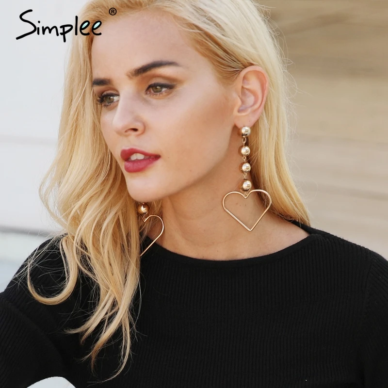 Simplee большой в форме сердца золотой висячие серьги блестящий металлический Шарм