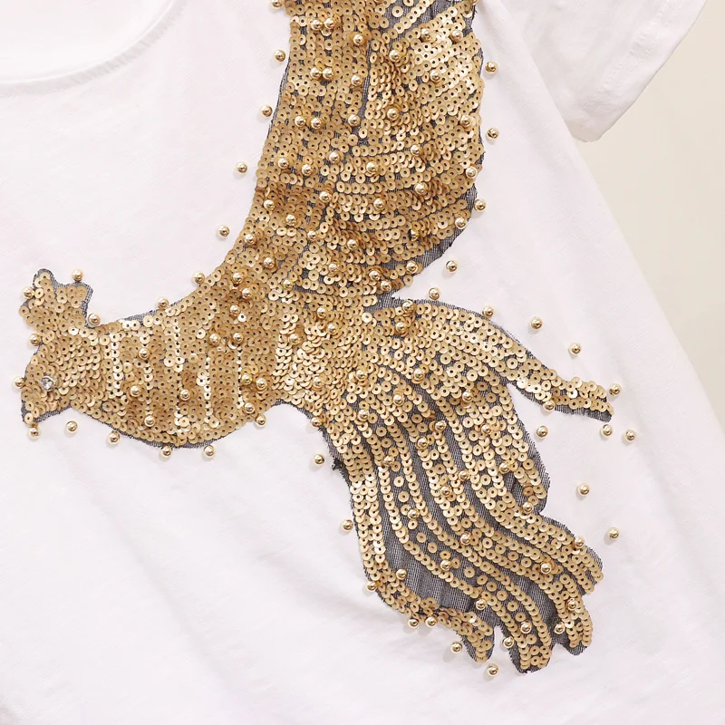 Модная женская летняя футболка с блестками новая короткими рукавами бисером и