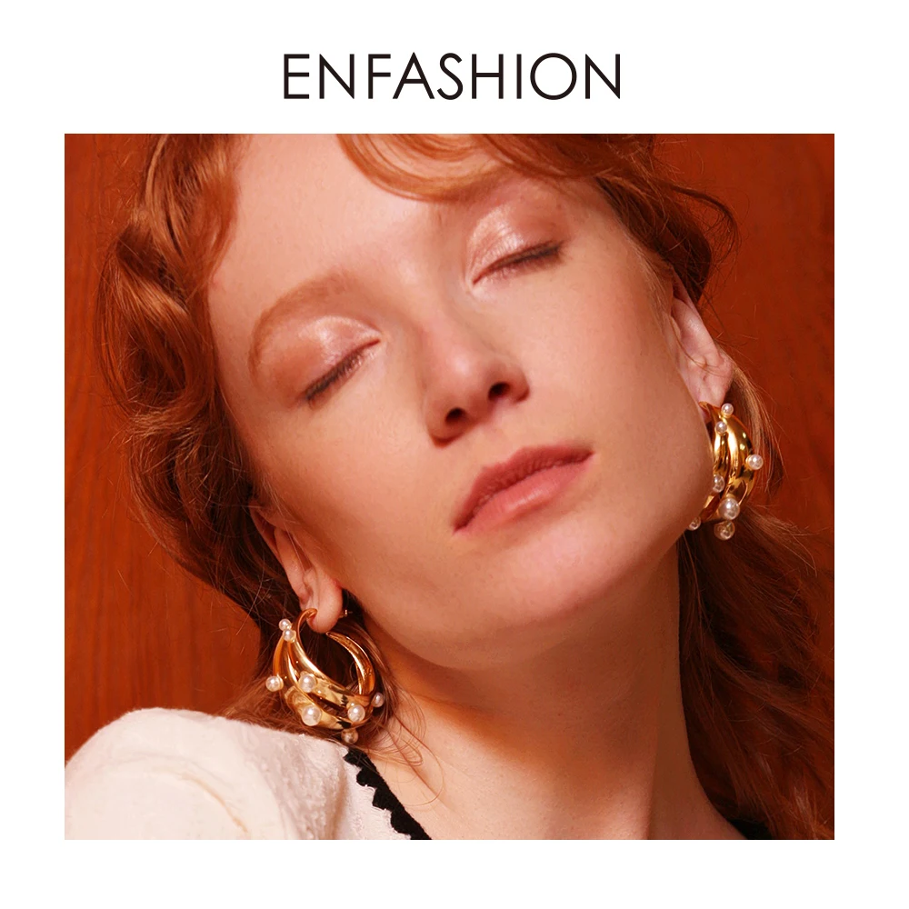 Женские серьги кольца ENFASHION в стиле панк с жемчугом золотистого цвета большие