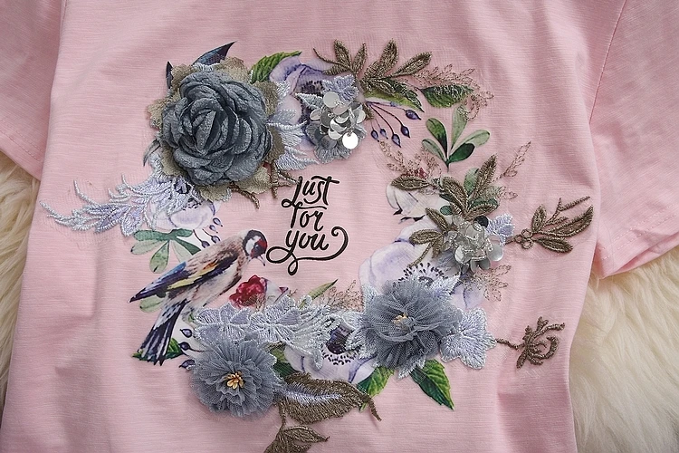 Женские хлопковые футболки ALPHALMODA с коротким рукавом и объемным цветочным