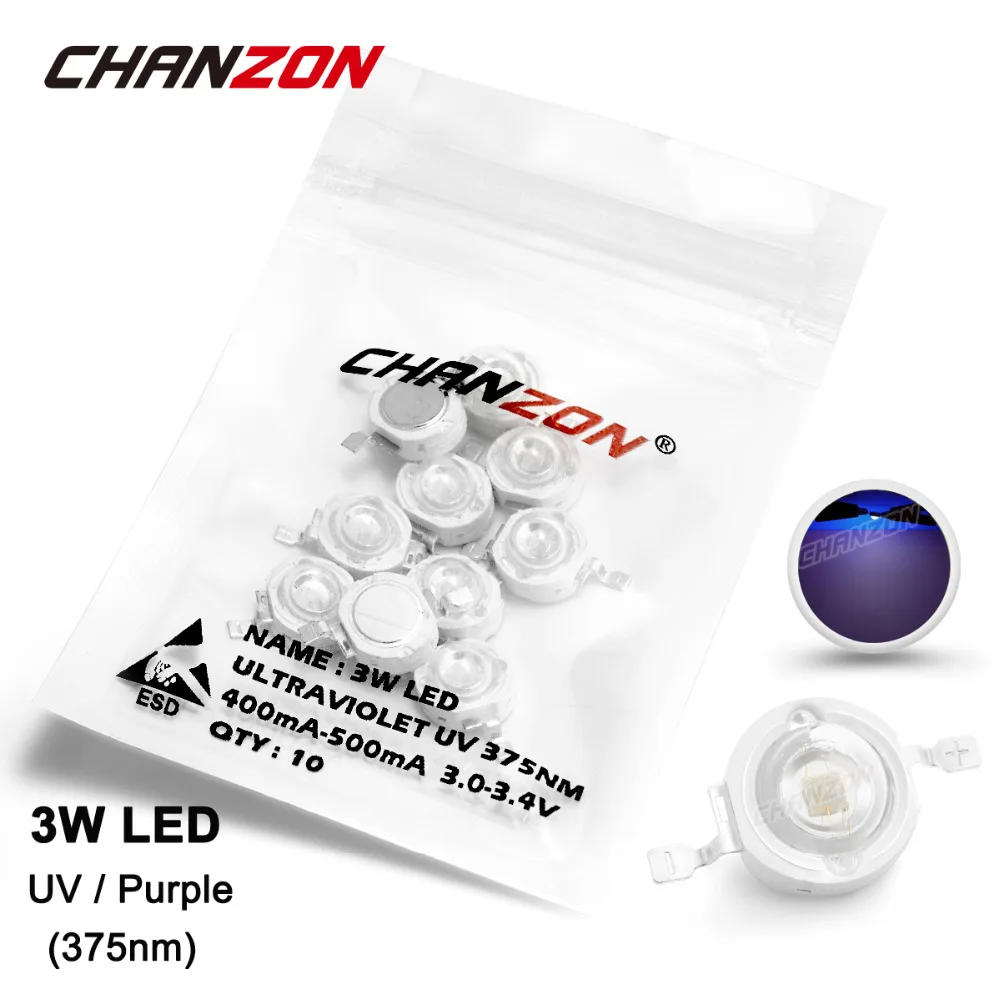 10 шт. 3 Вт светодиодный светильник лампа УФ ультрафиолетовый 375nm 3-3 4 в 400mA-500mA