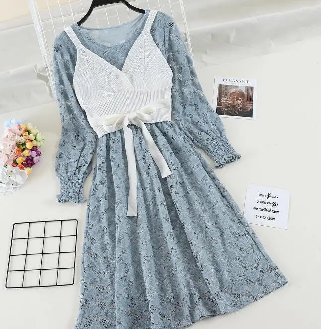 Fall Lace Dress Suit Women Long Two Piece Sets New Knitting Vest + Sleeve Dresses Girl Students Party Vestidos | Женская одежда