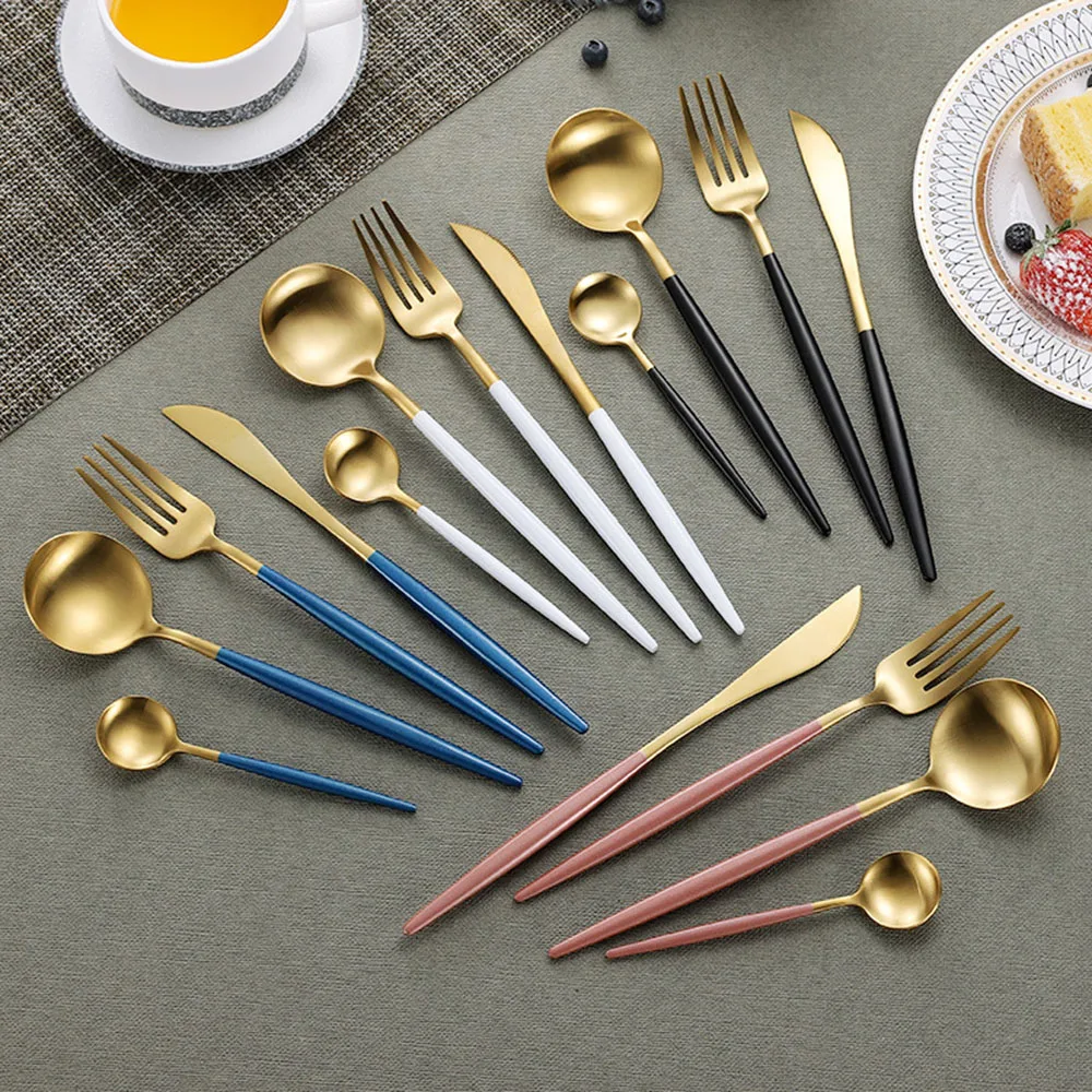 

16Pcs 304 Stainless Steel Cutlery Set Dinner Knife Forks Tea Spoons Black Gold Dinnerware Colorful Utensils Set Kitchen Tools