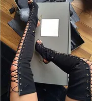 Fashionable Black Suede Leather Lace-Up Over-the-Knee Boots Gold Metal Heel Tight High Gladiator Sandals Boots Cut-out Back