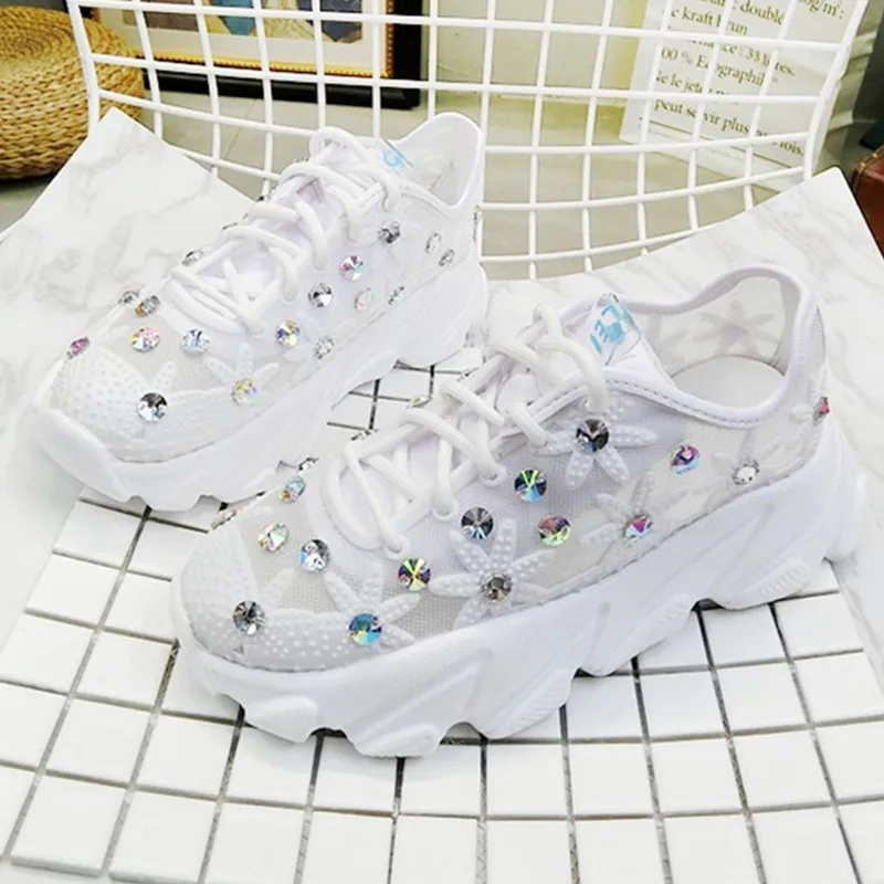 

Women's Shoes White Sneaker Women Platform Thin Mesh Breathable Rhinestone Lace-up Summer Flower Ladies Shoes Sneakers CR-61
