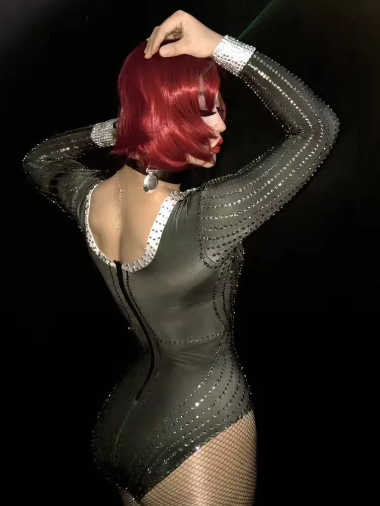 Sexy V-collar Full Diamond Bodysuit Bar nightclub Female DJ Singer DS costumes Stage Pole dancing jazz performance dance suits