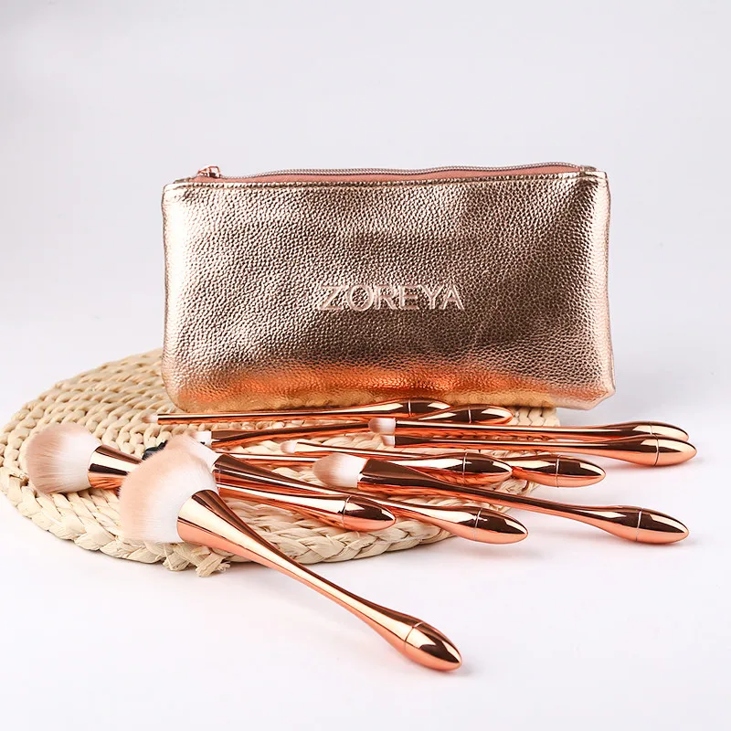 Бренд Zoreya, 10 шт., розовое золото, роскошные кисти для макияжа, набор, высокое качество, синтетические волосы, большая пудра, угловая кисть для бровей, тени для век, набор кистей