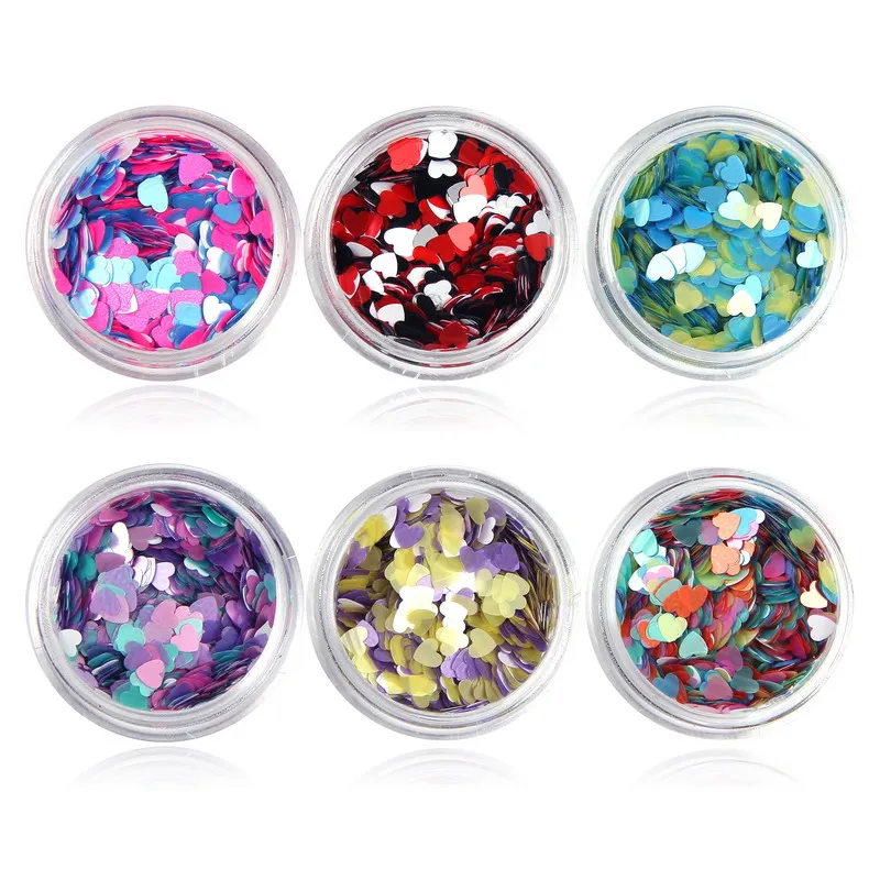 Беззеркальные 6 бутылок Красочные любящее сердце Блестки для ногтей Акриловые