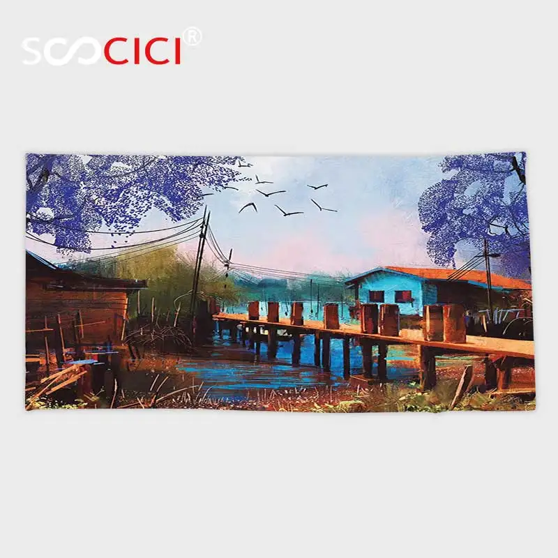Custom Microfiber Ultra Soft Bath/hand Towel,Lake House Decor Vintage Hand Drawn Artisan Picture of Fishing Village with Old