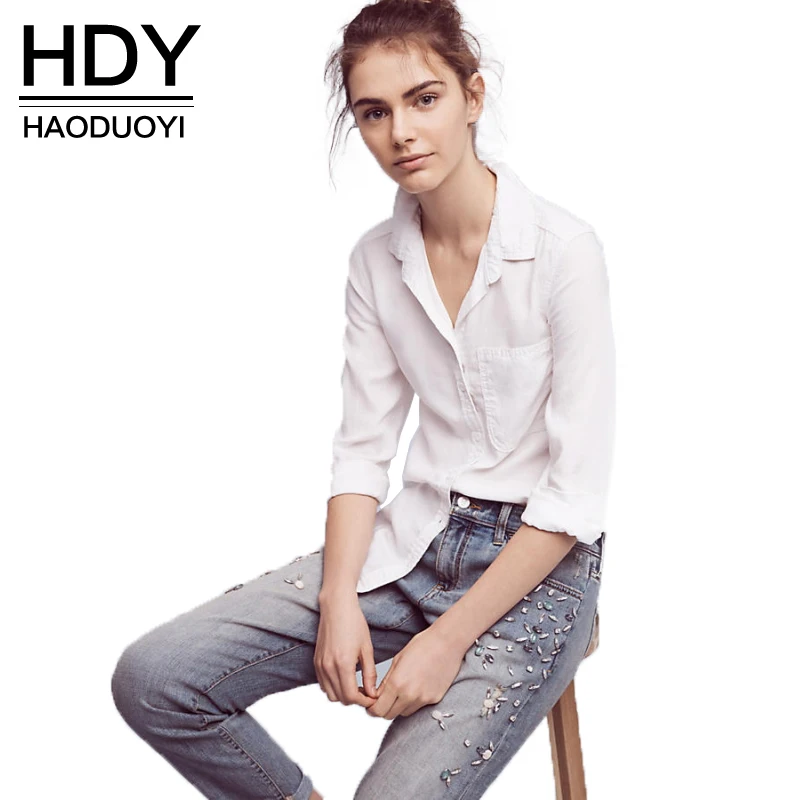 HDY Haoduoyi Мода 2017 г. Белые блузы женские отложной воротник Однобортный Базовая