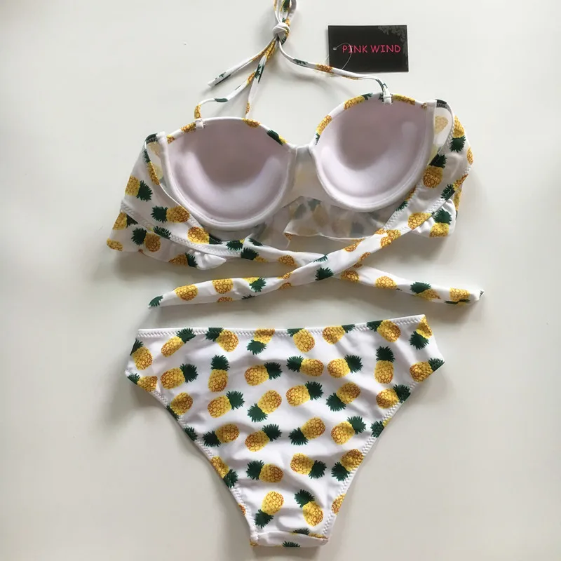PINK WIND Tropical Yellow Pineapple Brazilian Bikini Set Bathing Suit Push Up Halter Bikinis Women Bandeau Swimwear Swimsuit | Женская