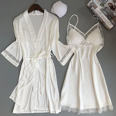 white set Fiklyc брендовый Женский комплект для сна и отдыха из двух частей, халат и платье, сексуальный кружевной и Атласный Женский мини-халат, набор - Цвет: white set