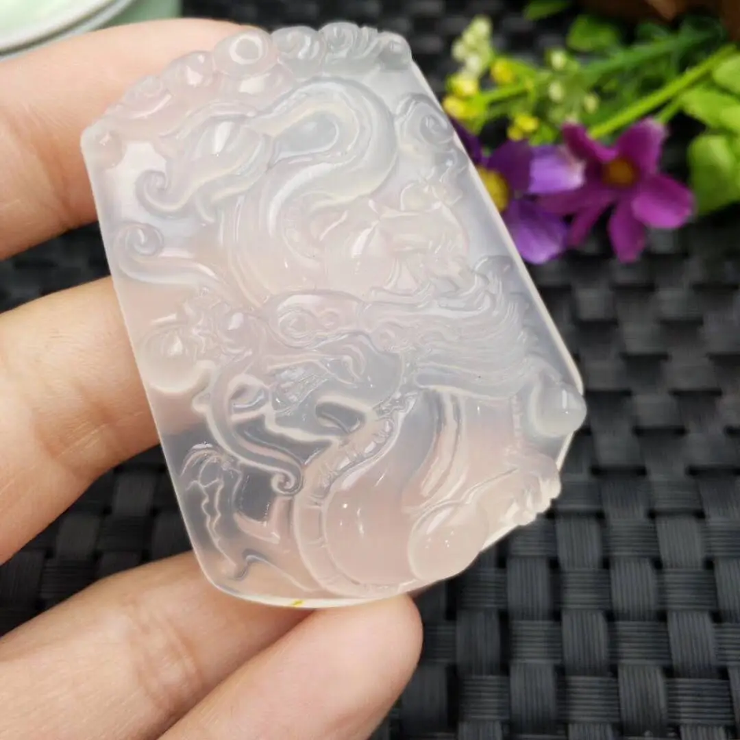 Koraba Fine Jewelry Unique Natural Chalcedony Agate Jade Icy White Pendant Chinese Dragon Free Shipping | Украшения и аксессуары