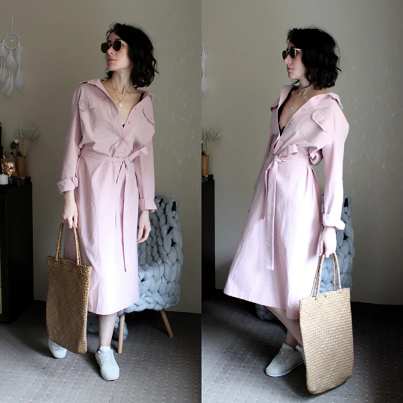 Розовый бандаж на пуговицах платье-рубашка для женщин 2018 осень зима длинный
