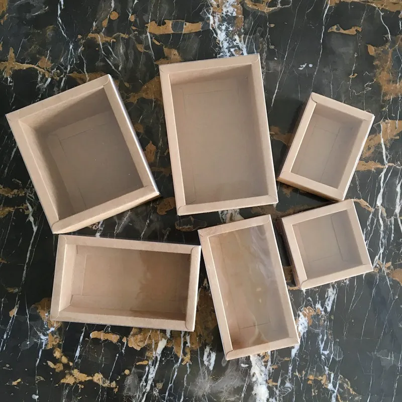 10 шт коричневая крафт бумажная коробка прозрачный ПВХ раздвижной ящик Упаковка