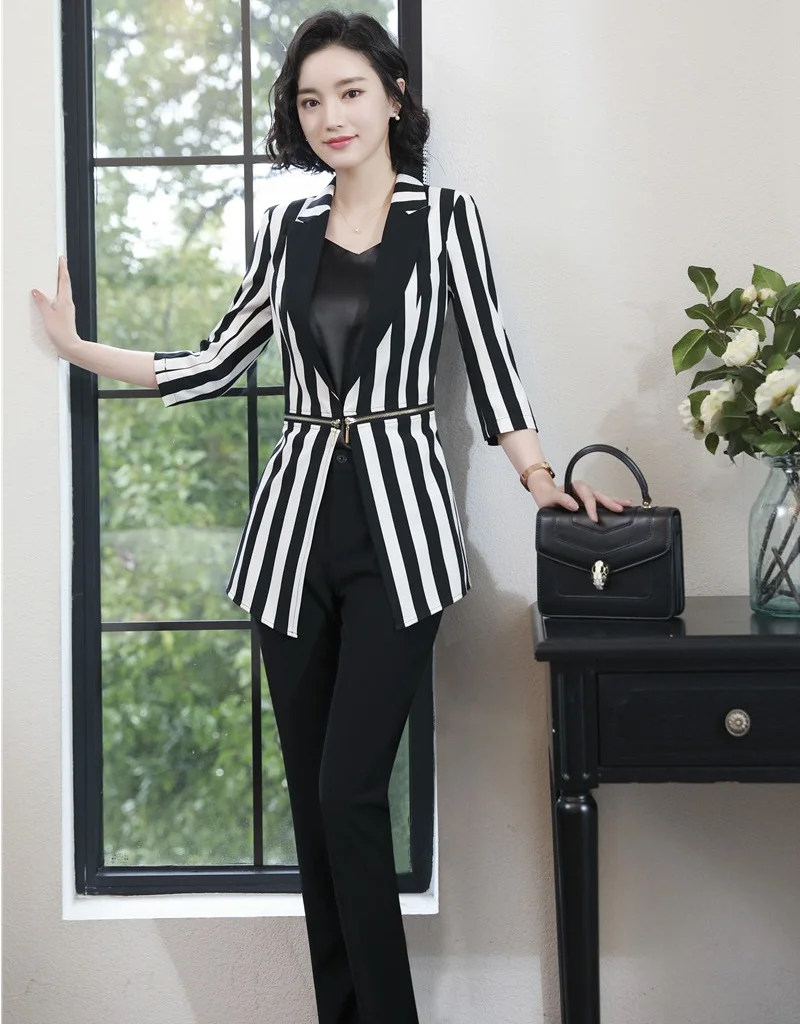 Женские офисные костюмы в полоску деловые с коротким рукавом и брюками весна