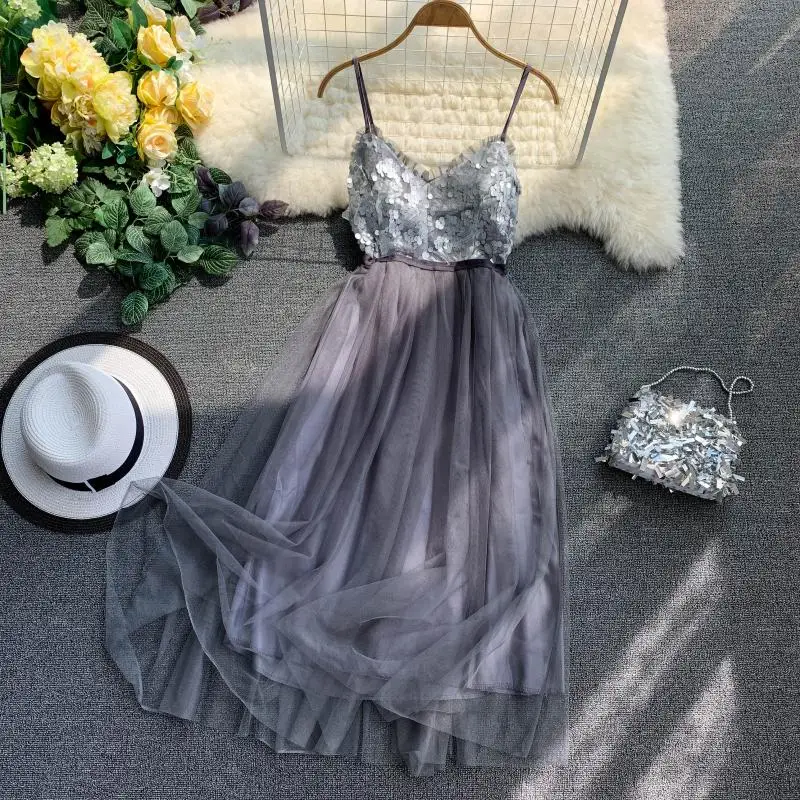 Ретро праздничный Стиль Блестки сшитая сетка v образный вырез без рукавов