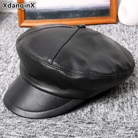 xdanqinx new fashion flat caps for men women genuine leather hat sheepskin british elegant army military hats couple leather cap