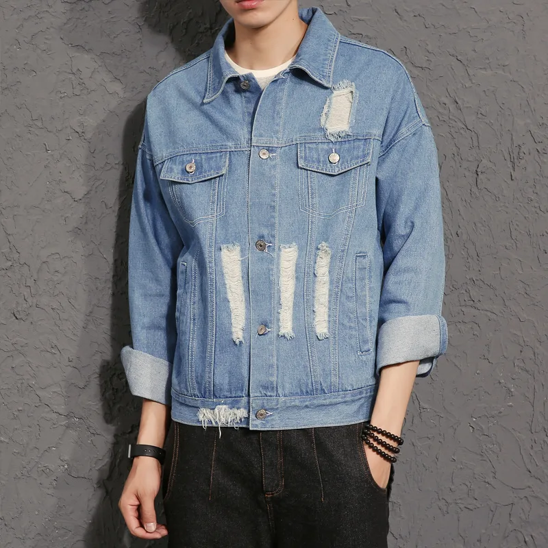 LEDINGSEN новые дизайнерские Синие рваные джинсовые куртки для мужчин Vinage Distressed