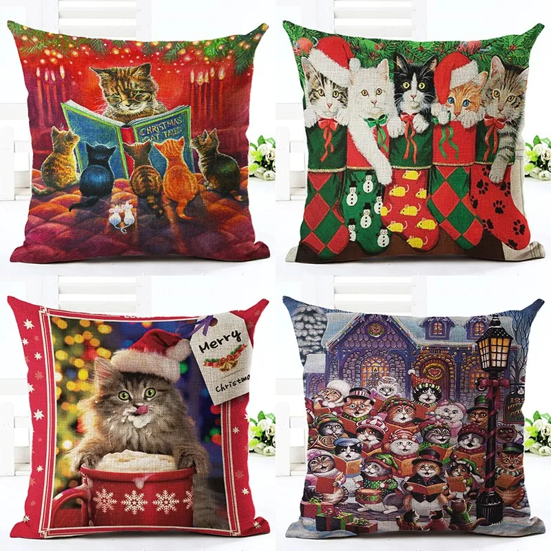 Рождество Стиль Cute Cat Отпечатано Чехлы Хлопок Белье Площадь Мода Мультфильм Посуда Бросьте Наволочку Cojines Almofadas чехлы на подушки 45*45