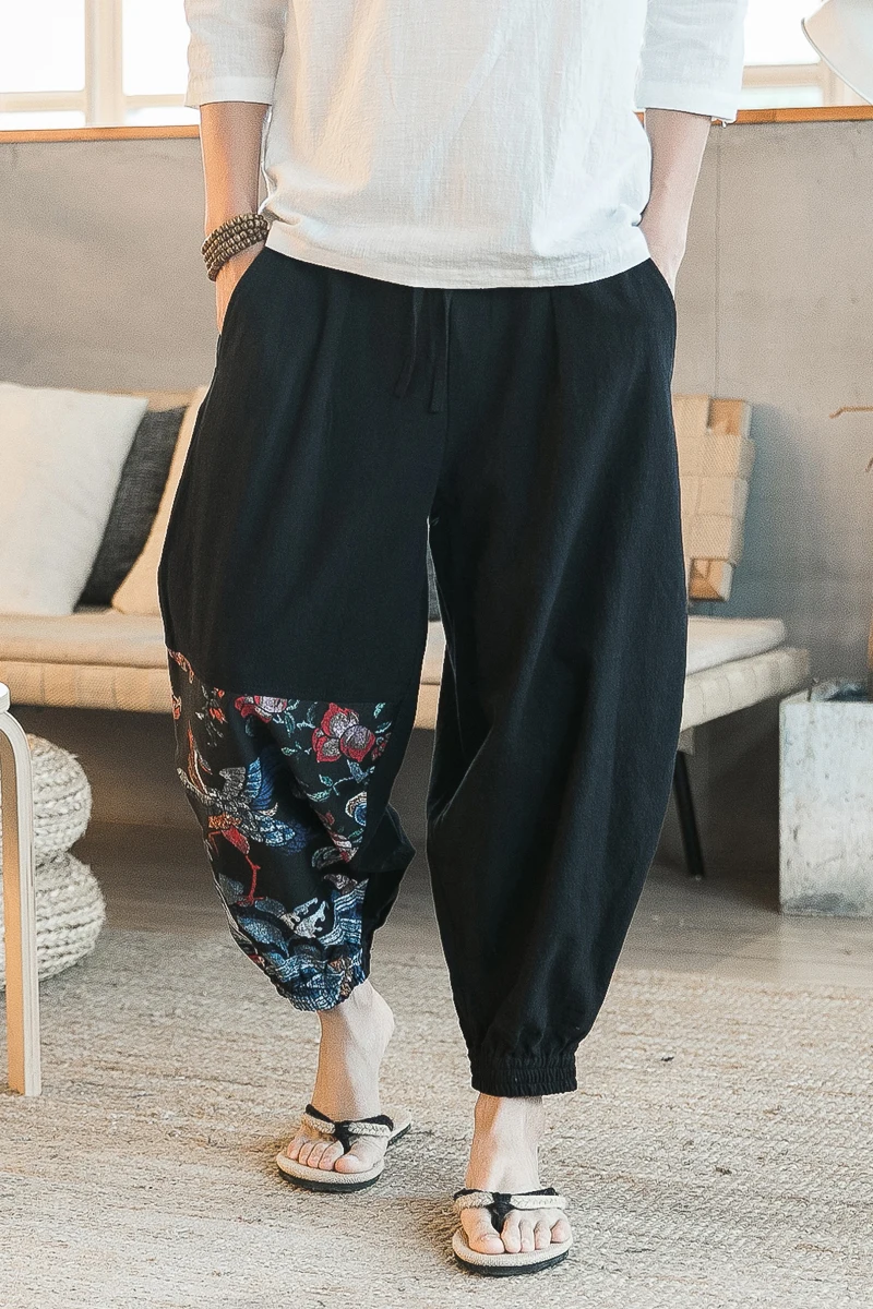 

Loldeal Men's Cotton Linen Pants Casual Elastic Waist Loose Baggy Trousers National wind flower pants linen trousers loose 5XL