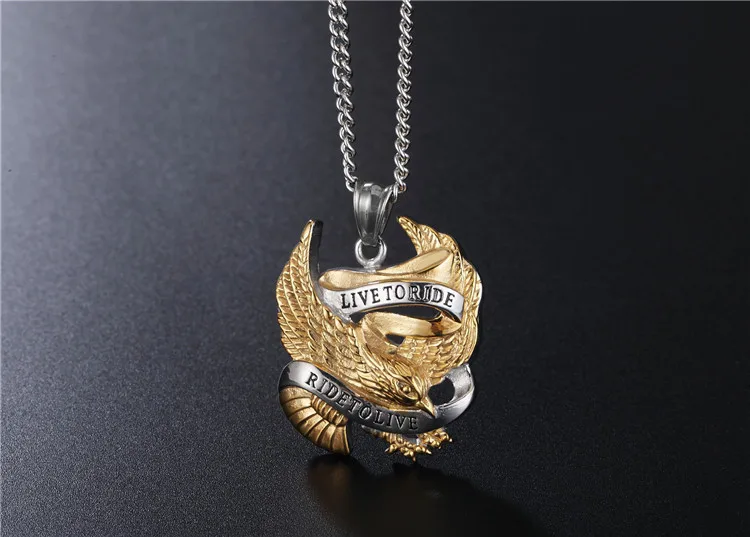 BLITHEYO Titanium Ride to Live Engrave Eagle Necklace Stainless Steel Retro Punk Rock Pendant Hip Hop Motorcycle Jewel | Украшения и