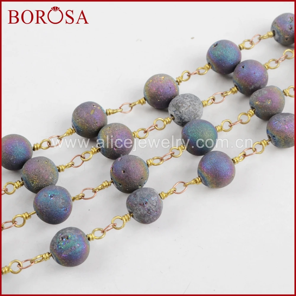 BOROSA New Arrival 8mm Round Rainbow Agates Titanium Druzy Beaded Chains Brass Chain for Necklace Drusy Jewelry Making JT202 | Украшения и