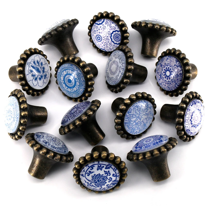 1 шт. ручка круглой формы с бело синим принтом для дверных шкафов шкафов|Ручки