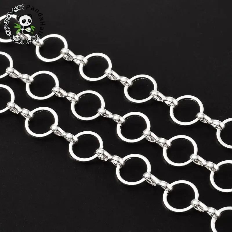 

Brass Handmade Chains, Silver Color, Mother Link: 8mm in diameter, 1mm thick; Son Link: 1.5mm wide, 7.5mm long, 2.5mm thick