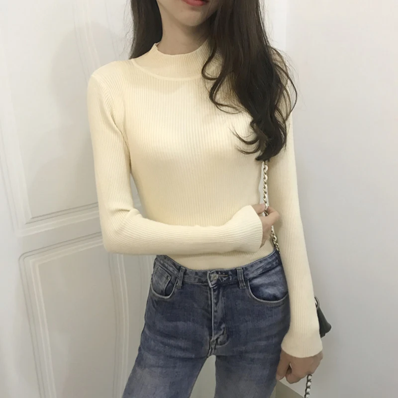 Cashmere Knitted Women Half Turtleneck Sweater And Pullover Autumn Winter New Basic Female High Elastic Tight Sweaters Wild Slim | Женская