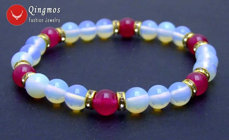 

Qingmos Trendy Opal Bracelets for Women with 8mm Blue Round Opal and 8mm Round Rose pink Jades 8'' Bracelet Fine Jewelry-Bra323