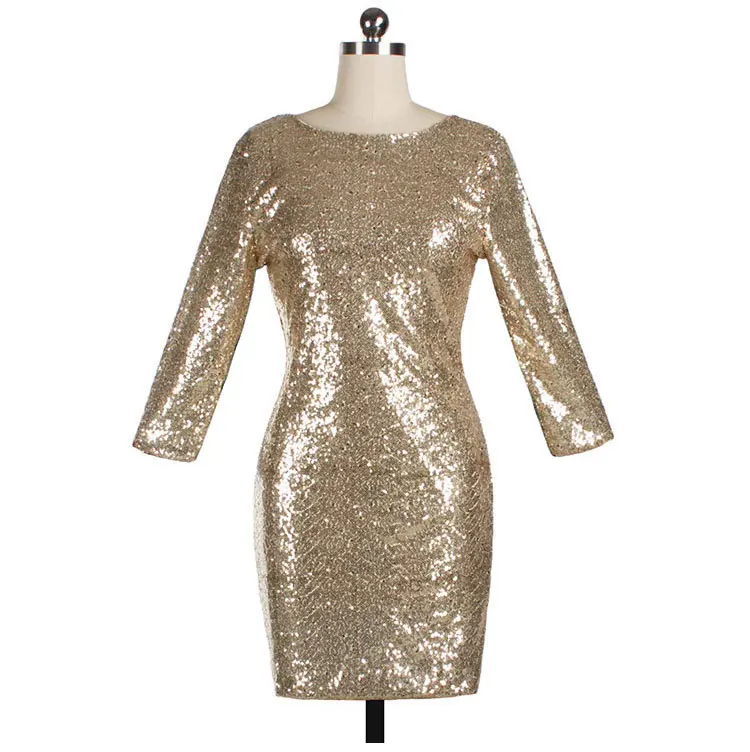 Dunayskiy Women Spring Sexy Slim 8 Colors Sequined O-Neck Dresses Female Backless Three Quarter Sleeve Shiny Mini Party Dresses