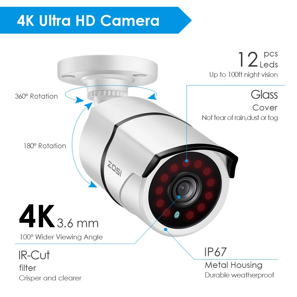 ZOSI 4K Ultra HD система видеонаблюдения 4 канала H.265 + видео Dvr с 2 ТБ HDD и 4x4 K (8MP) Ip67