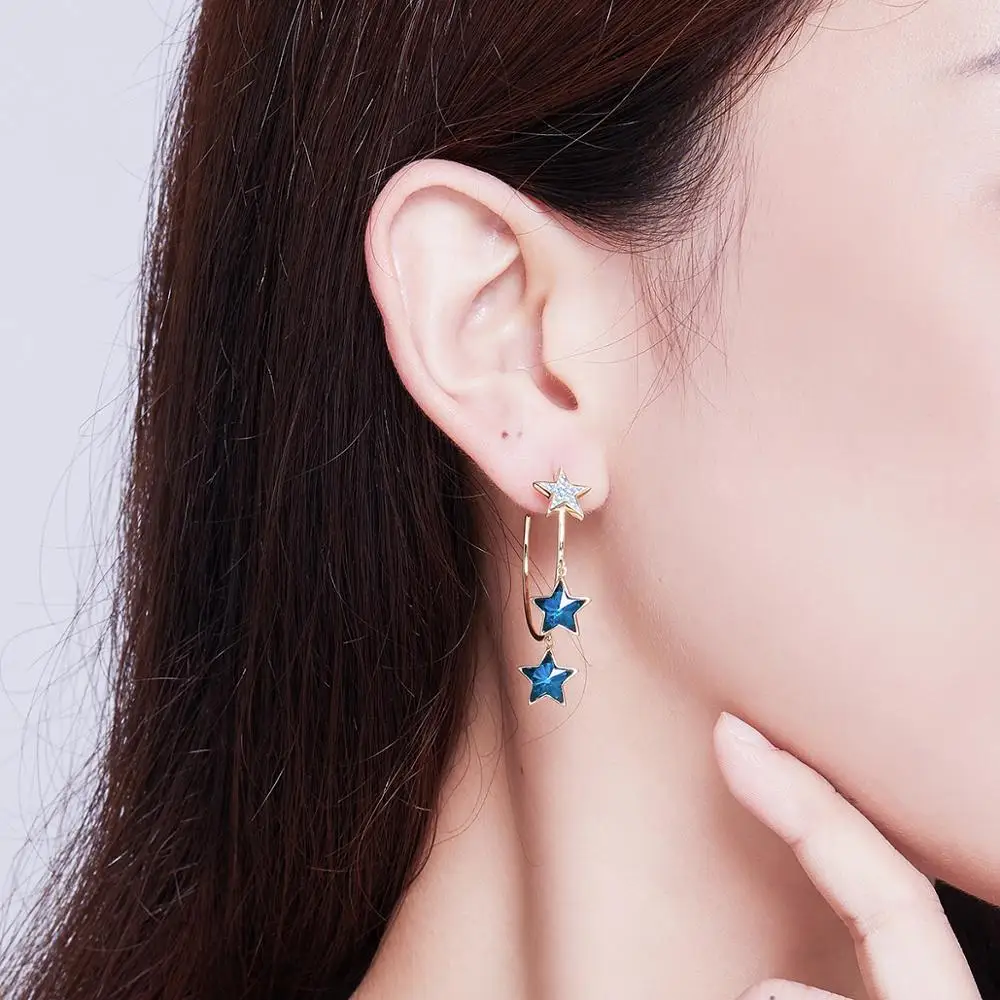 

Authentic 925 Sterling Silver Crystal Blue Star Hoop Earrings for Women Round Earrings Personality Fashion boucle d'oreille pend