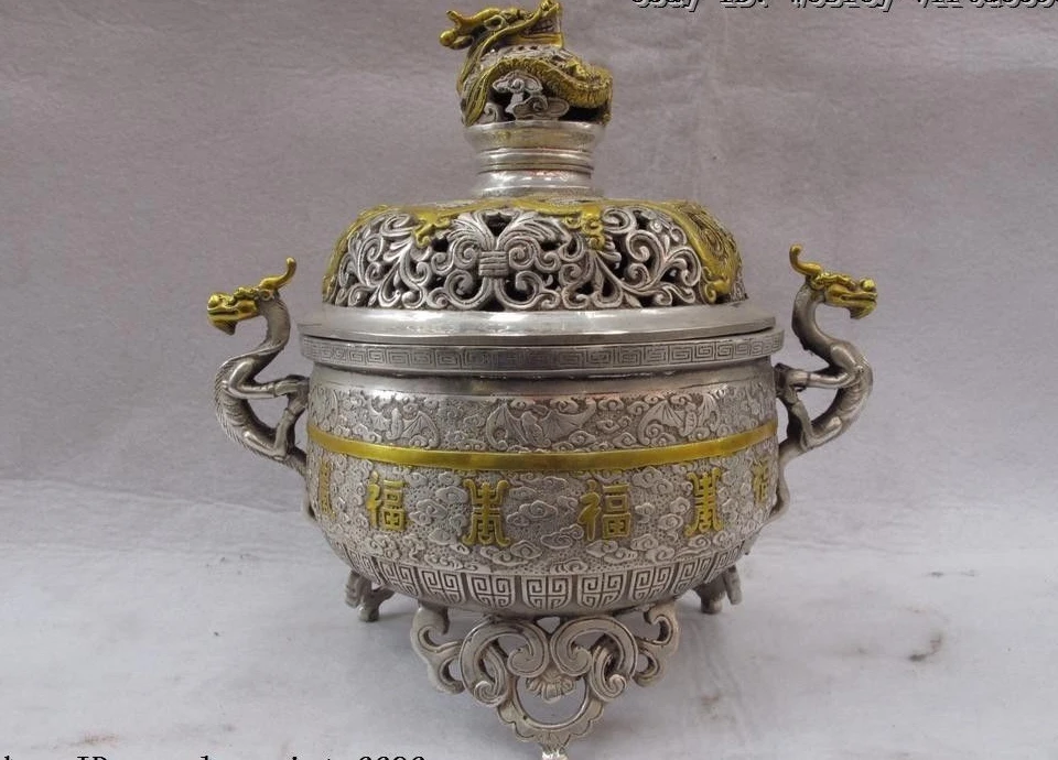 

9 Chinese Folk Temple White copper silver Two Dragon Ear Censer incense burner