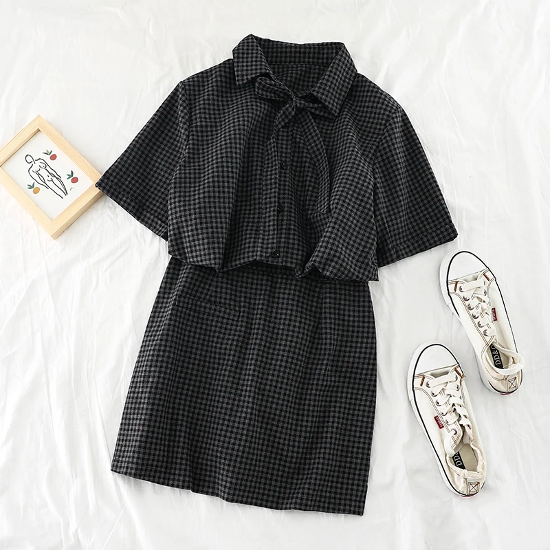 2019 new fashion women's two piece set Retro Plaid Bandage Shirt+ High Waist Pack Hip Pants Skirt Two Piece | Женская одежда