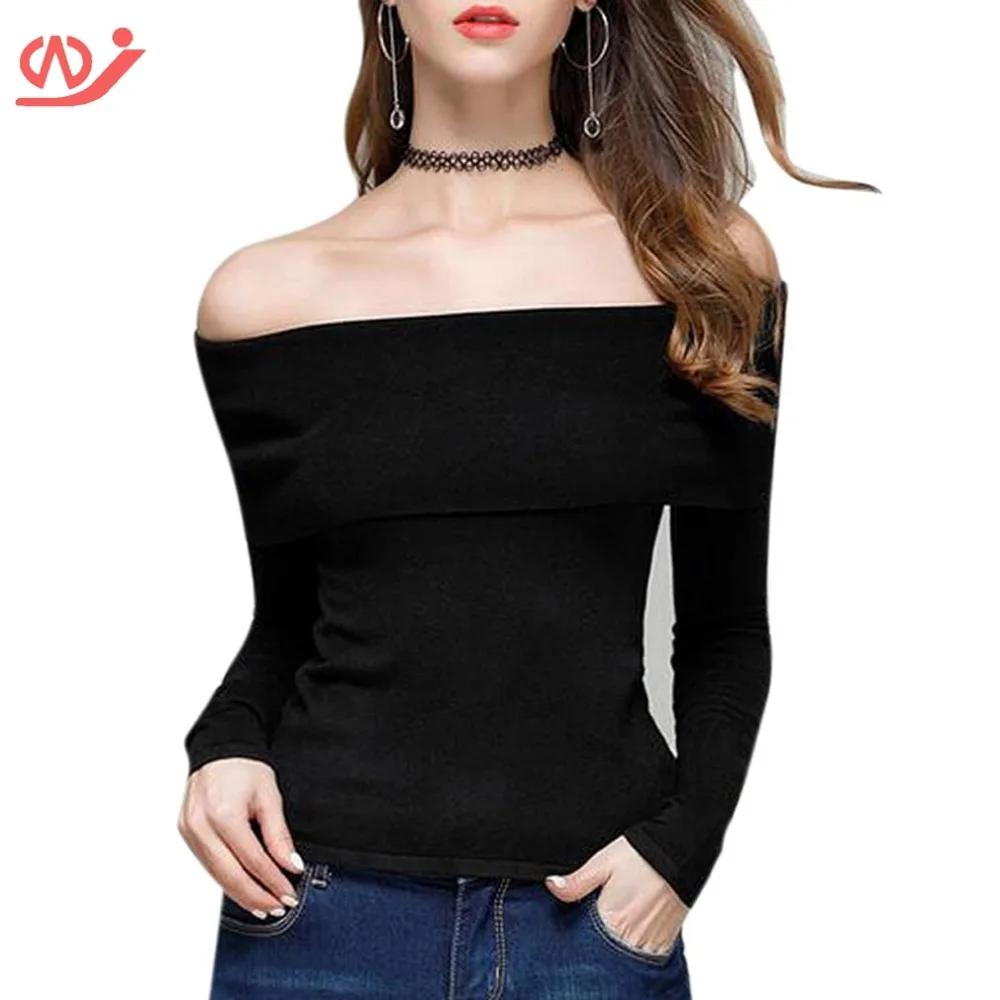 Women slash neck knitted long sleeve tee tops vetement femme | Женская одежда