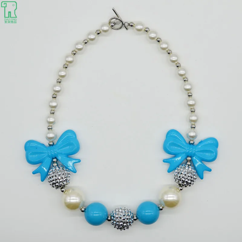

wholesal5pcs Kids Bubblegum Necklaces New Girls Blue Bow-Knot Chunky Beaded Collier Fashion Princess Jewelry Bubblegum Necklaces