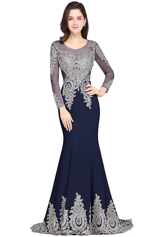 Vestido de Festa Сексуальные Розовые Платья С Открытой Спиной И Длинными Рукавами Кружевные Вечерные Плятья В Фрме Русалки С Цветами,Отделкой Из Бисера С Овальным Вырезом Горловины de Soiree - Цвет: navy blue