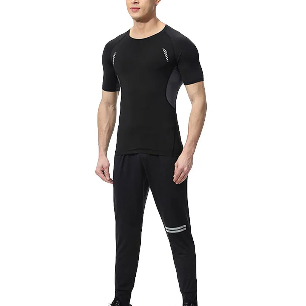 

Casual men's suit short-sleeved fitness suit trousers breathable sports suit round neck tight suit Y604