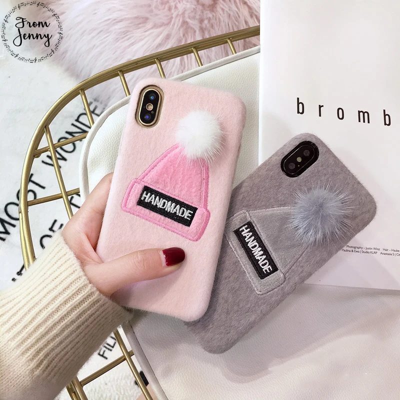 От Jenny 2018 зимняя теплая шапка для телефона чехол iPhone 6 7 8 10 7plus 8plus 6s X мягкая ткань