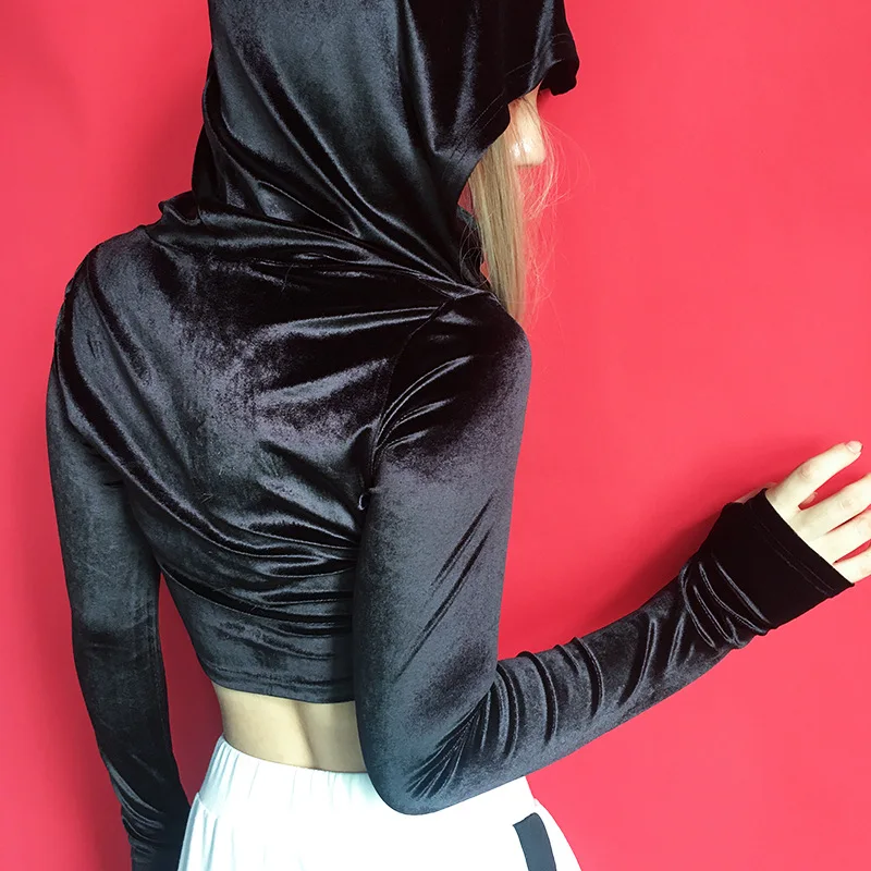 

2017 Women Hooded Ladies Women Velvet Hoodie Sexy Black Slim Short Crop Tops
