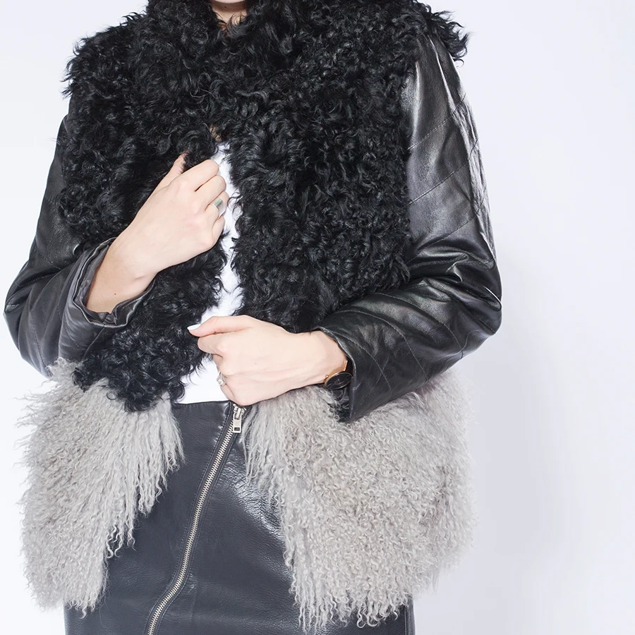 Newowlbie Lamb Sheep Skin Sleeve Double Colors Stitching Coat Young Female Winter Real Fur Warm Fashion Slin Thick | Женская одежда
