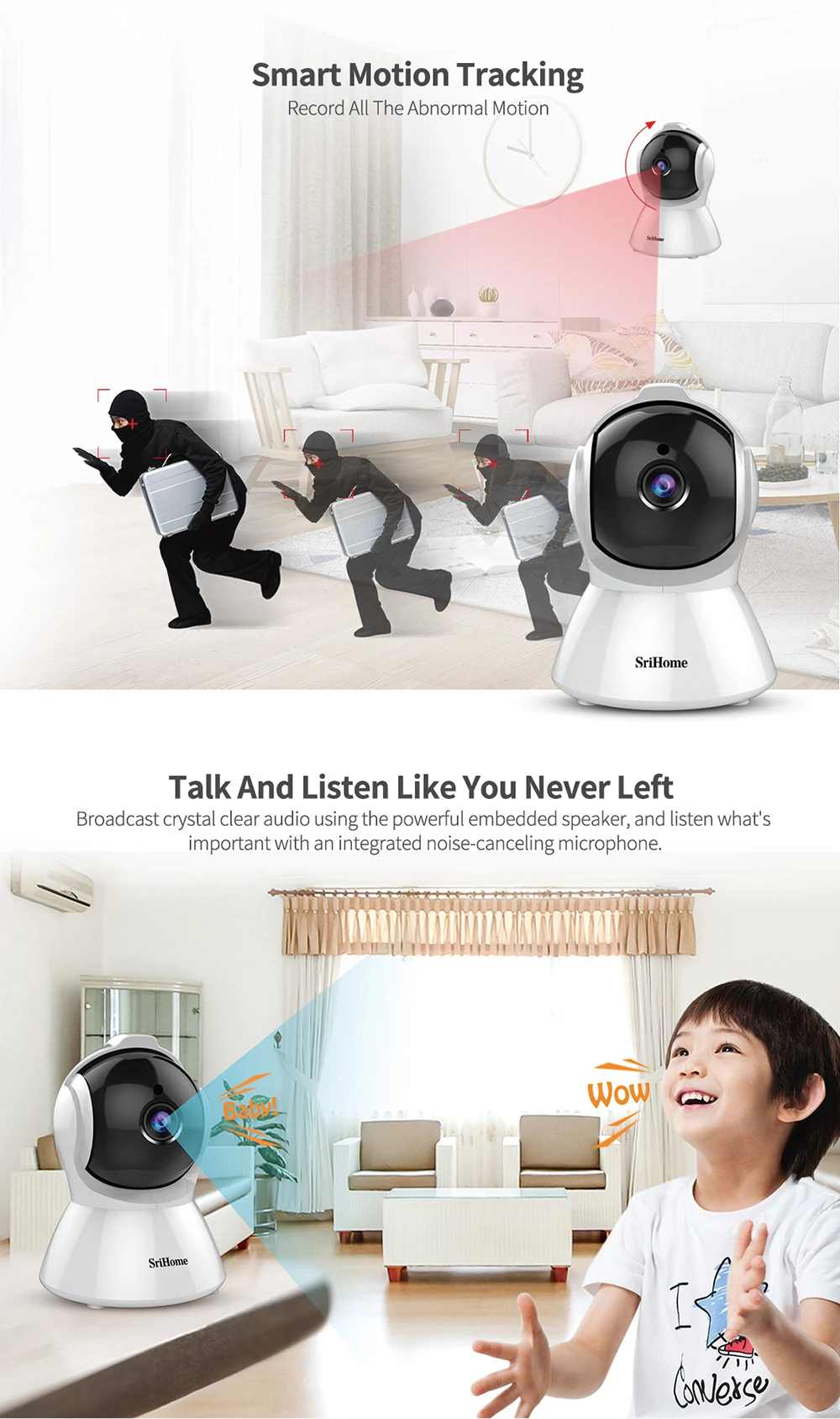 SriHome SH025 1080P IP камера AI автоматическое отслеживание в помещении ночная версия умный датчик движения вращение головы беспроводная камера безопасности