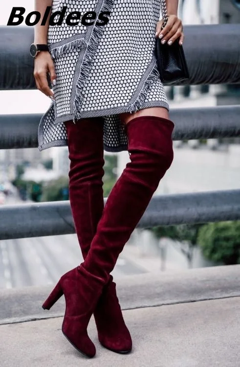 Celebrity Wear Solid Velvet Knee High Chunky Heel Boots Woman Chic Round Toe Lace Up Block Heeled Long Boots