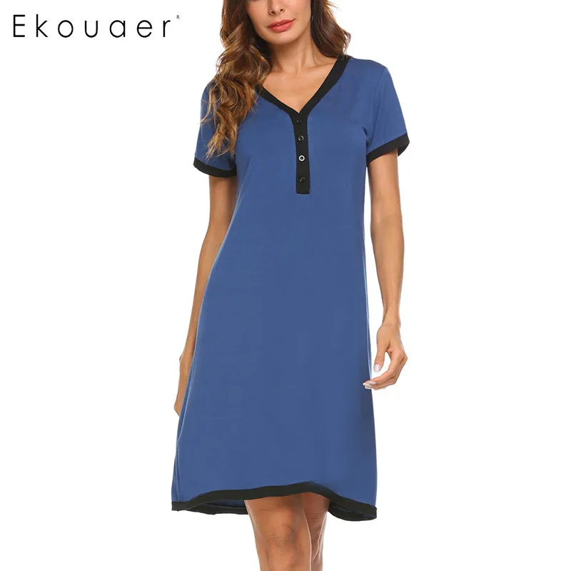 Blue Ekouaer Ночное платье, ночная рубашка, ночная рубашка для беременных, кормящих грудью, домашнее платье с коротким рукавом, женская ночная рубашка с v-образным вырезом - Цвет: Blue