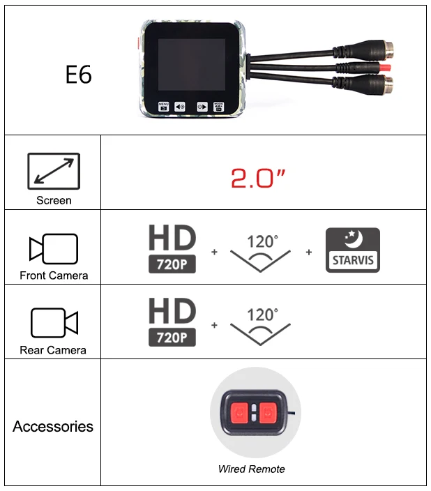E6 with Remote SYS VSYS E6 WiFi мотоциклетная камера DVR HD 720P супер ночное видение двойной водонепроницаемый объектив видеорегистратор для скутера ATV UTV - Название цвета: E6 with Remote