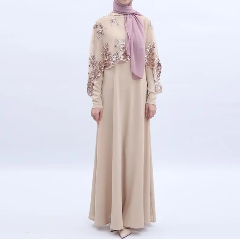 Light khaki dress Мусульманское платье-хиджаб с блестками Абая для женщин мусульманская одежда Оман джилбаб Femme Musulman турецкие платья - Цвет: Light khaki dress